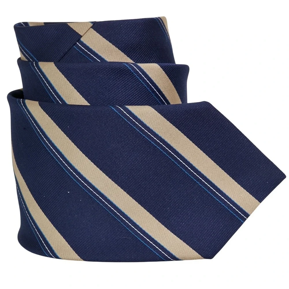 Cambridge Uomo Necktie Men's Navy Blue Tan Striped‎ Repp Silk Italy